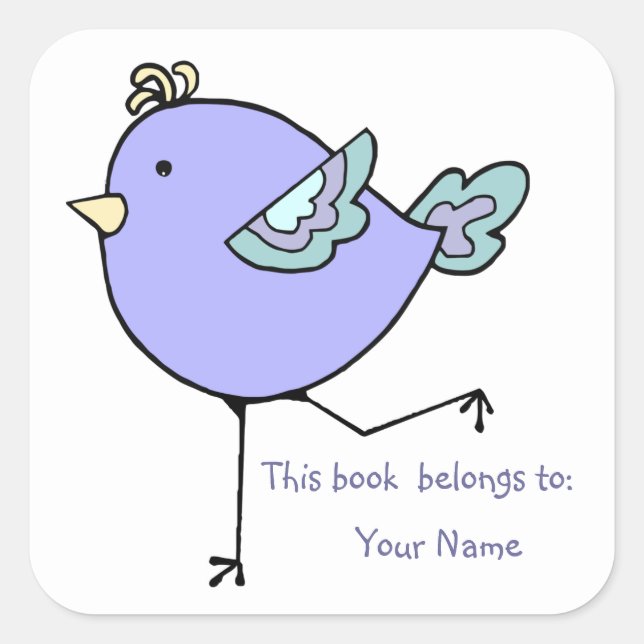 Niedlich Running Bird Dieses Buch gehört Buchzeich Quadratischer Aufkleber (Vorderseite)