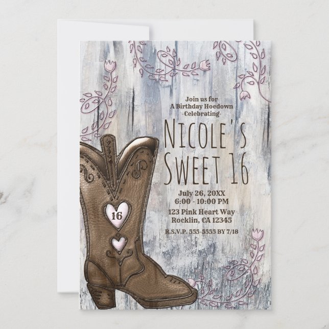 Niedlich Rustikal Pink Heart Cowgirl Boots Sweet 1 Einladung (Vorderseite)
