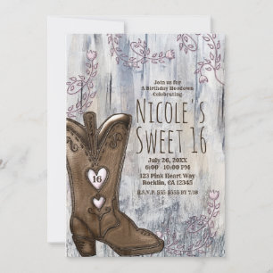 Niedlich Rustikal Pink Heart Cowgirl Boots Sweet 1 Einladung