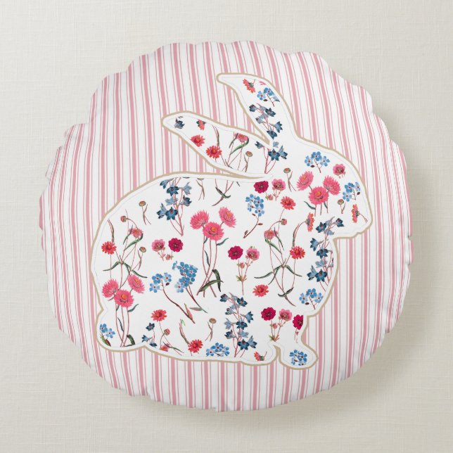 Niedlich Rustikale Blume Ostern Bunny Pink Streife Rundes Kissen (Vorderseite)