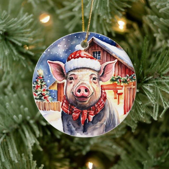 Niedlich Rustikales Weihnachtsschwein und Stall Pe Keramik Ornament (Baum)