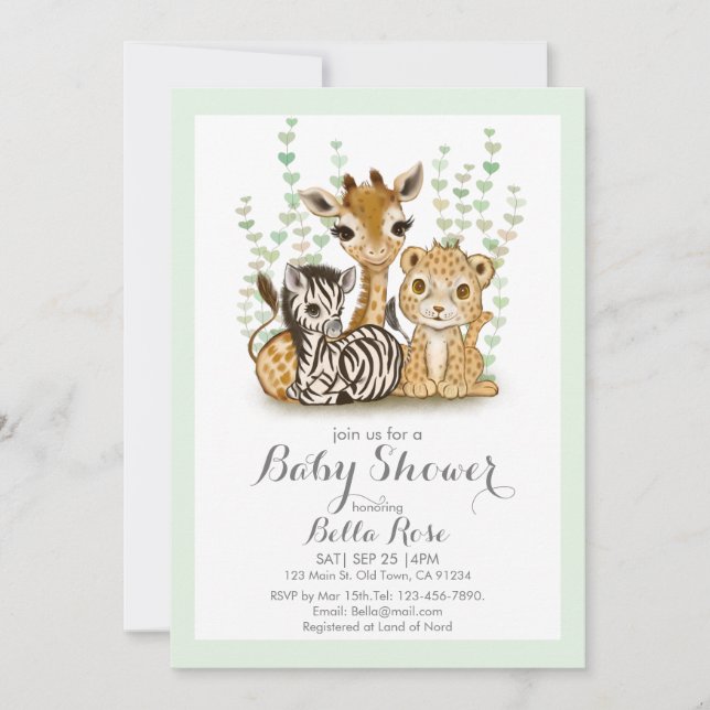 Niedlich Safari Animal Green Baby Dusche Einladung (Vorderseite)