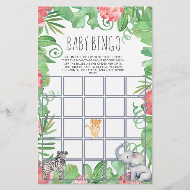 Niedlich Safari Animal Tropical Floral Baby Bingo Flyer (Vorne)