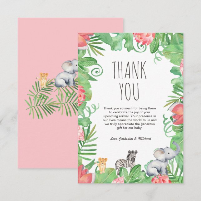 Niedlich Safari Animal Tropical Floral Baby Dusche Dankeskarte (Vorne/Hinten)