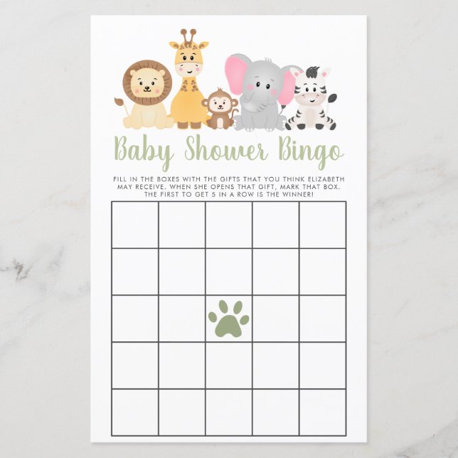 Niedlich Safari Animals Baby Dusche Bingo Spiel (Vorderseite)