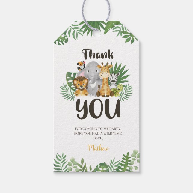 Niedlich Safari Animals Geburtstagsdusche Danke Geschenkanhänger (Vorderseite)