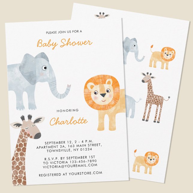 Niedlich Safari Animals Kinderdusche Einladung (Safari animal watercolor personalized baby shower invitation with original art by Nic Squirrell. )