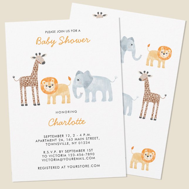 Niedlich Safari Animals Kinderdusche Einladung (Cute watercolor safari animal lion elephant giraffe personalized baby shower invitation)