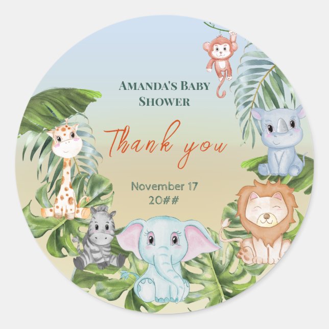 Niedlich Safari Dschungel Kleintiere Baby Shower I Runder Aufkleber (Vorderseite)