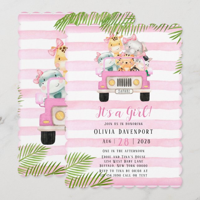 Niedlich Safari Elephant & Friends Girl Baby Dusch Einladung (Vorne/Hinten)