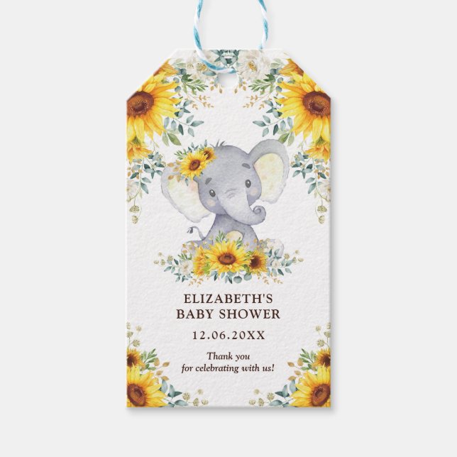 Niedlich Safari Elephant Sunflowers Baby Dusche Ge Geschenkanhänger (Vorderseite)