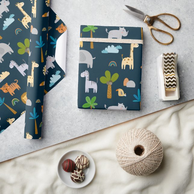Niedlich Safari Jungle Animal Wild One Baby Dusche Geschenkpapier (Kunsthandwerk)