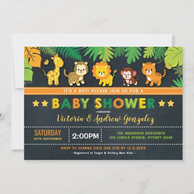 Niedlich Safari Jungle Animals Boy Baby Dusche Einladung (Vorderseite)