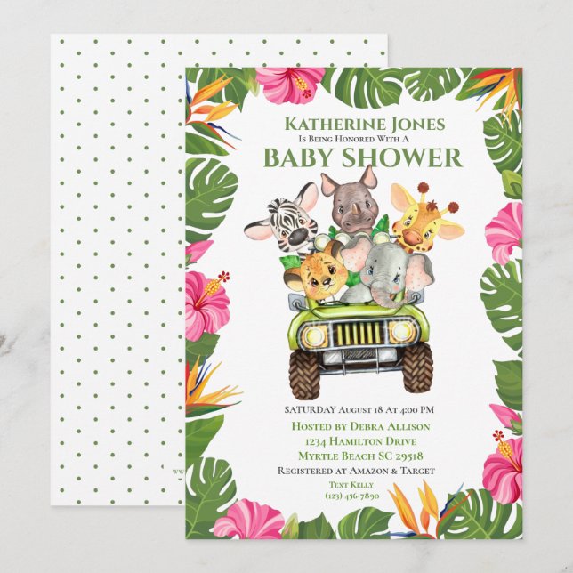 Niedlich Safari Jungle Animals Kinderdusche Einlad Einladung (Vorne/Hinten)