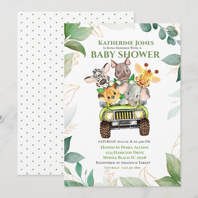 Niedlich Safari Jungle Animals Kinderdusche Einlad Einladung (Vorne/Hinten)