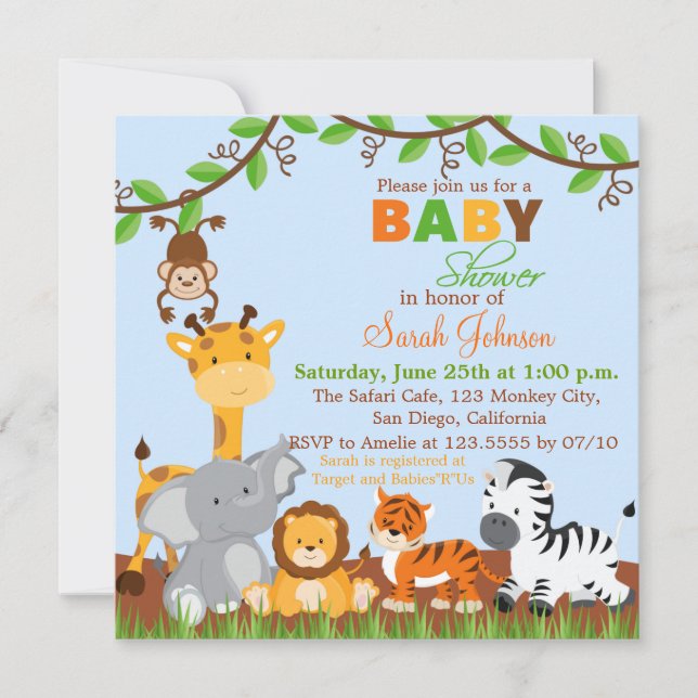 Niedlich Safari Jungle Animals Kinderdusche Einlad Einladung (Vorderseite)