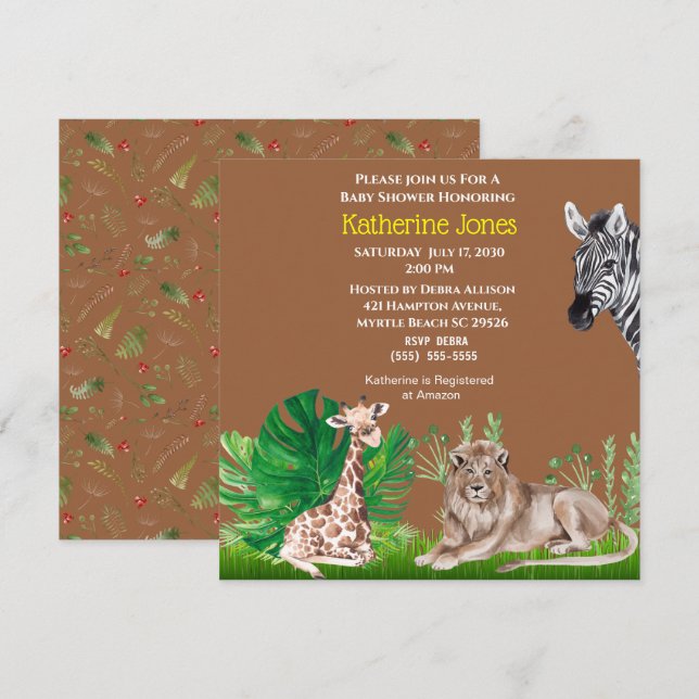 Niedlich Safari Jungle Lion Giraffe Zebra Baby Dus Einladung (Vorne/Hinten)