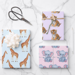 Niedlich Safari Jungle Tiere Elefant Tiger Giraffe Geschenkpapier Set