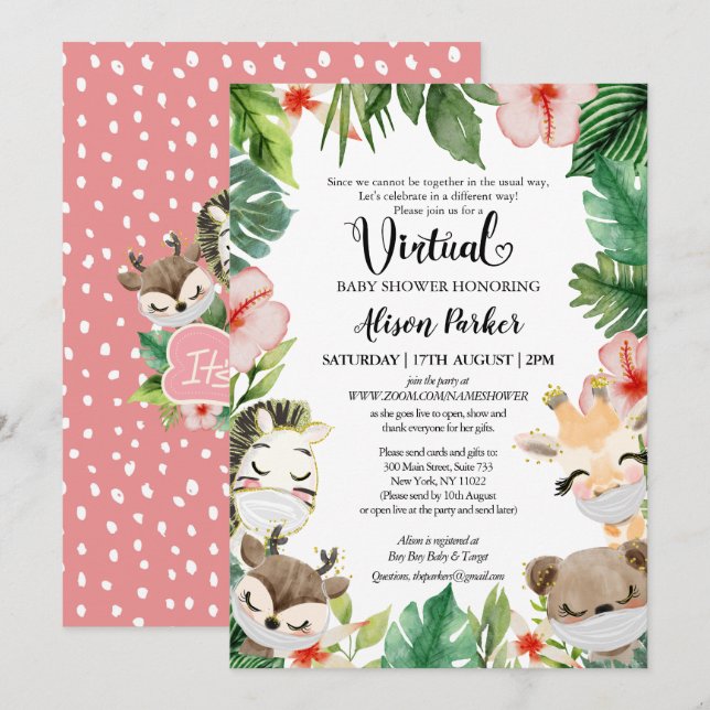 Niedlich Safari Pink Blumengrün Baby Girl Virtual Einladung (Vorne/Hinten)