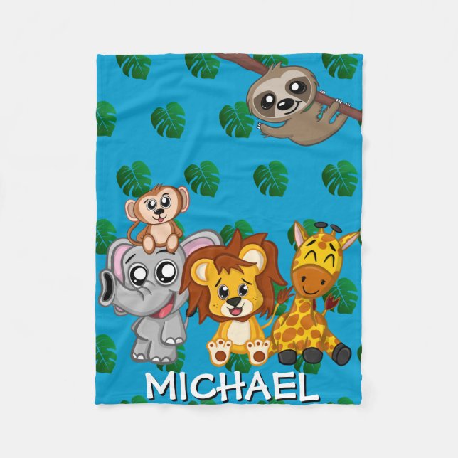 Niedlich Safari Tiere Blue Cartoon Dschungel Name  Fleecedecke (Vorderseite)