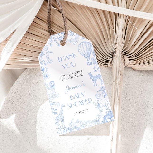 Niedlich Safari Toile de Jouy Blue Baby Dusche Geschenkanhänger (Von Creator hochgeladen)