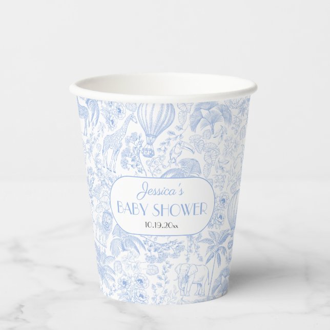 Niedlich Safari Toile de Jouy Blue Baby Dusche Pappbecher (Vorderseite)