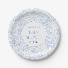 Niedlich Safari Toile de Jouy Blue Baby Dusche Pappteller