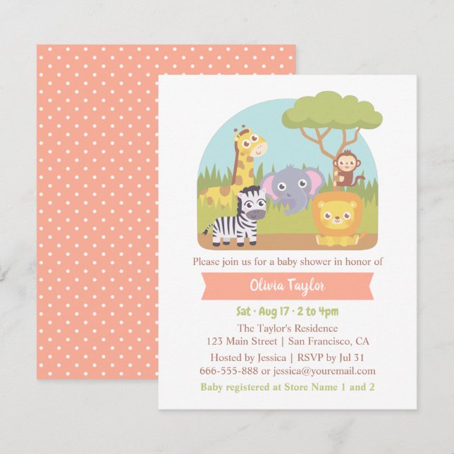 Niedlich Safari Wild Animals Baby Dusche Einladung (Vorne/Hinten)