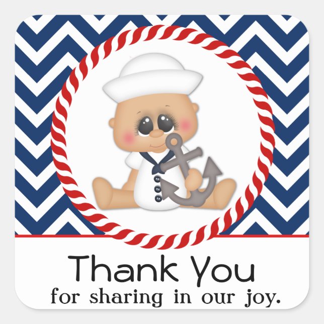 Niedlich Sailor Boy Nautical Baby Dusche Quadratischer Aufkleber (Vorderseite)