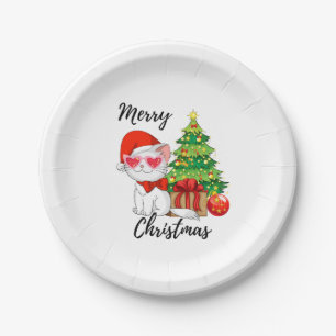Niedlich Santa Cat Frohe Weihnachtsbaum Pappteller