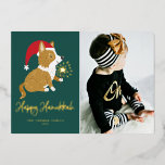 Niedlich Santa Corgi Foto Grün Happy Hanukkah Folien Feiertagskarte<br><div class="desc">Happy Hanukka! Senden Sie Ihre feierlichen Grüße mit dieser anpassbaren Goldfolie Hanukkah Foto Flachkarte. Es verfügt über einen bezaubernden Korgi mit einer Weihnachtsmannmütze. Personalisieren Sie diese,  indem Sie ein Foto,  Namen,  Jahr und andere Details hinzufügen. Diese niedliche Korgi Foto Hanukkah Flachkarte ist in anderen Folienfarben erhältlich.</div>