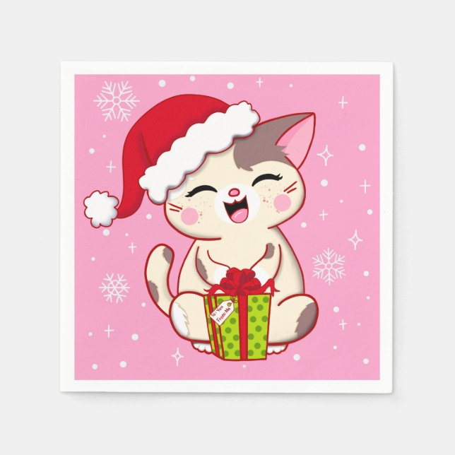Niedlich Santa Kitty Pink Weihnachts-Party Napkins Serviette (Vorderseite)