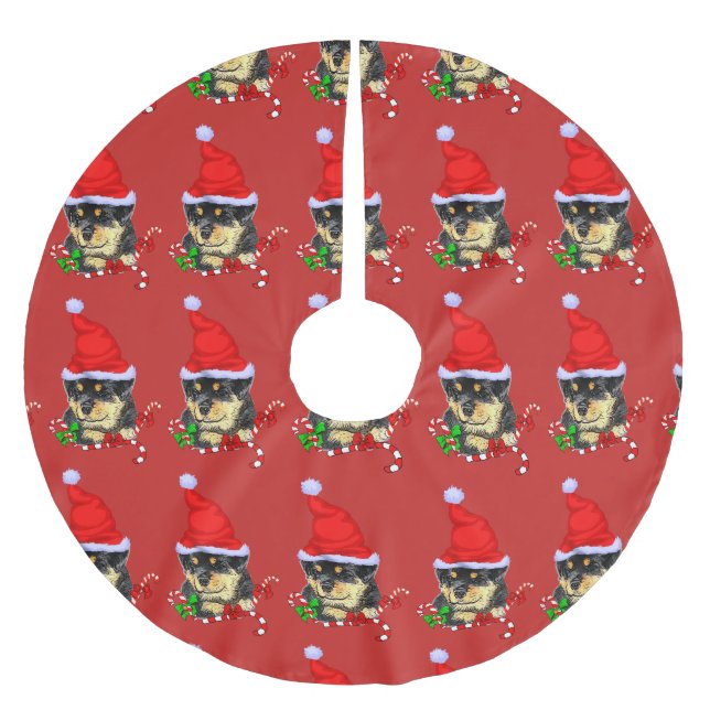 Niedlich Santa Puppy Rottweiler Weihnachten Polyester Weihnachtsbaumdecke (Vorderseite)