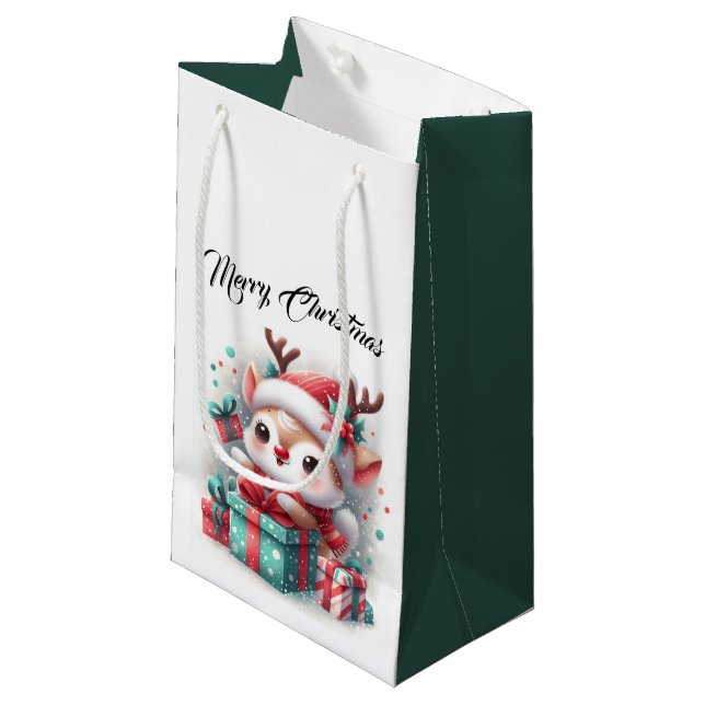 Niedlich Santa Reindeer Kleine Geschenktüte (Vorderseite Schrägansicht)