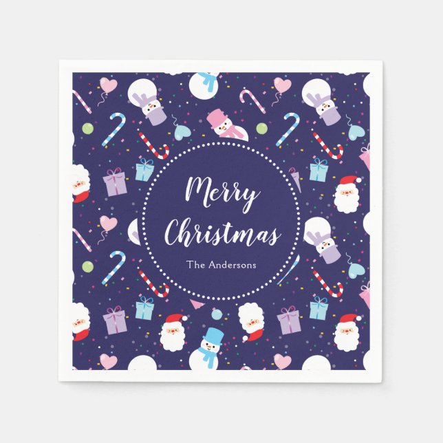 Niedlich Santa Snowman Candy Cane Weihnachtsmuster Serviette (Vorderseite)