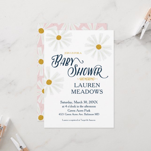 Niedlich Scandi Daisy Baby Shower Einladung (Vorderseite/Rückseite Beispiel)