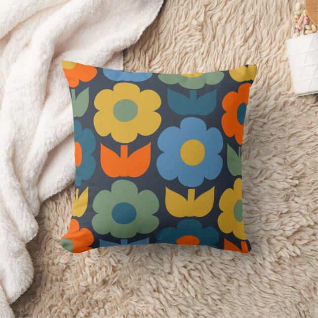 Niedlich Scandi Retro Modernes Blumenmuster Blau Kissen (Decke)
