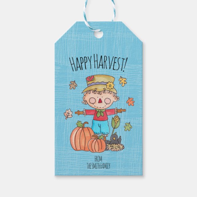 Niedlich Scarecrow Happy Harvest Geschenkanhänger (Vorderseite)