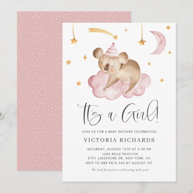 Niedlich Schlafen Koala Pink Es ist eine Girl Baby Einladung (Vorne/Hinten)