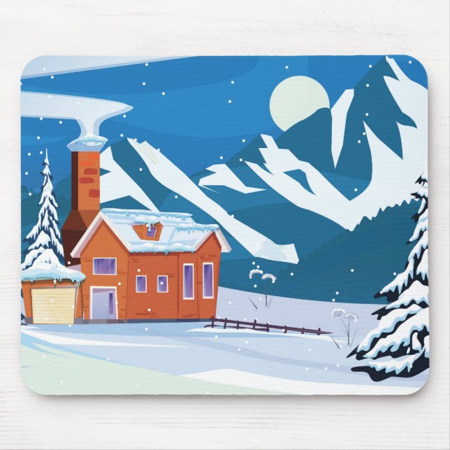 Niedlich schneebedeckte Winterlandschaft mit Hütte Mousepad (Vorne)