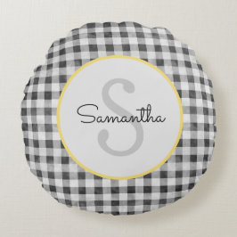 Niedlich Schwarz-Weiß-Gingham-Personalisiert-Monog Rundes Kissen
