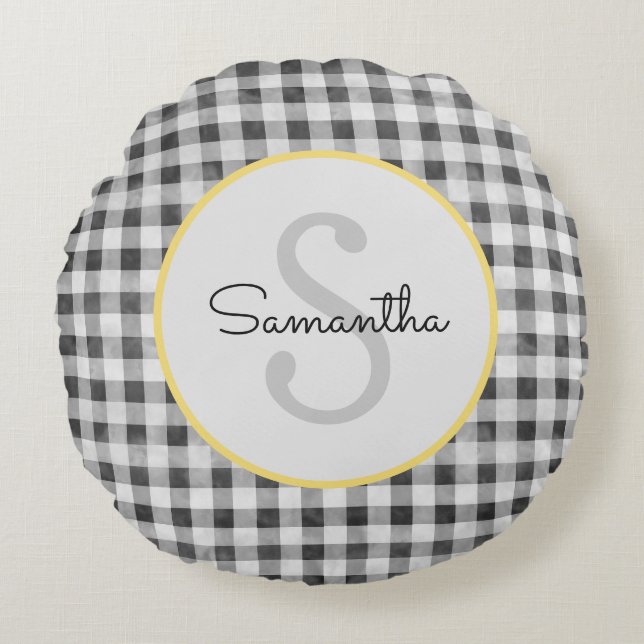 Niedlich Schwarz-Weiß-Gingham-Personalisiert-Monog Rundes Kissen (Vorderseite)