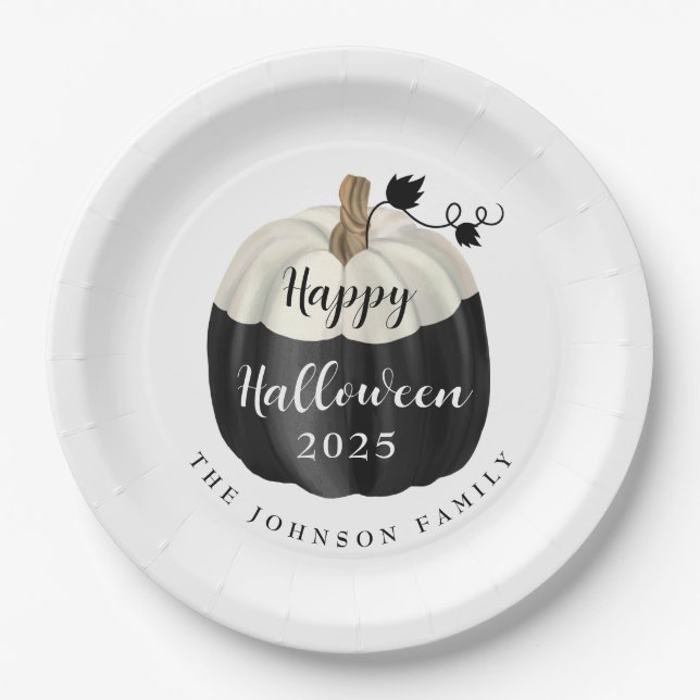 Niedlich Schwarz-Weiß-Kürbis Halloween 2022 Pappteller (Vorderseite)