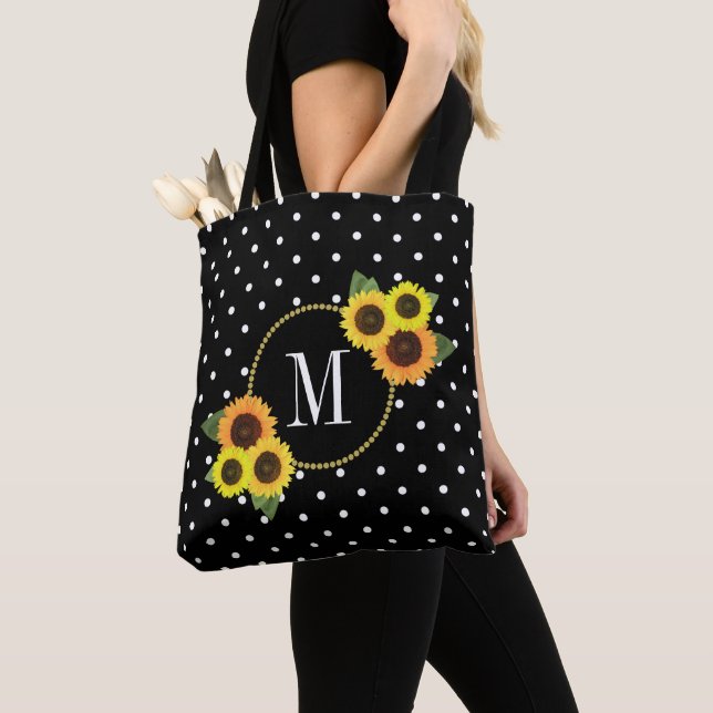 Niedlich Schwarze Vintage Sonnenblumen Polka Dots  Tasche (Von Nahem)