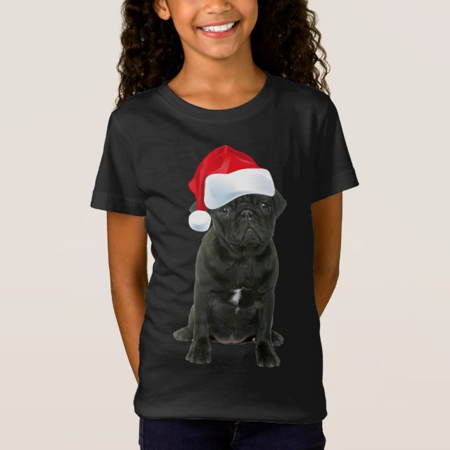Niedlich Schwarzer Mops Weihnachtsmannmütze Funny  T-Shirt (Vorderseite)