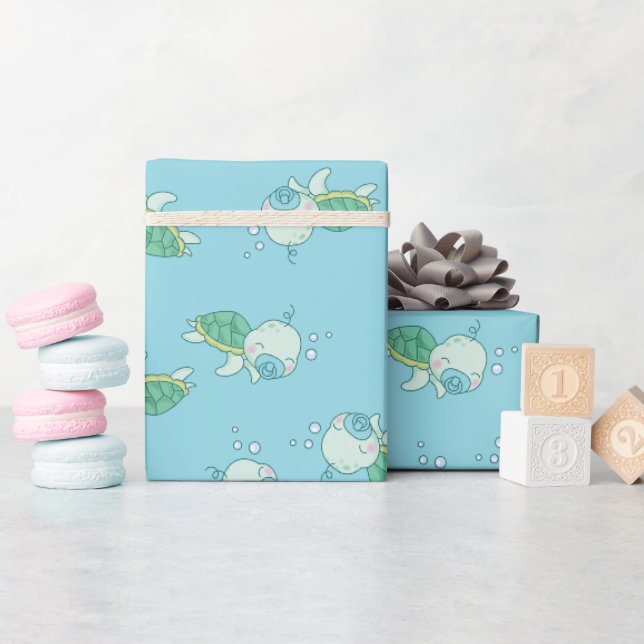 Niedlich Sea Turtle Baby Shower Kawaii Blue Boy Geschenkpapier (Babyparty)