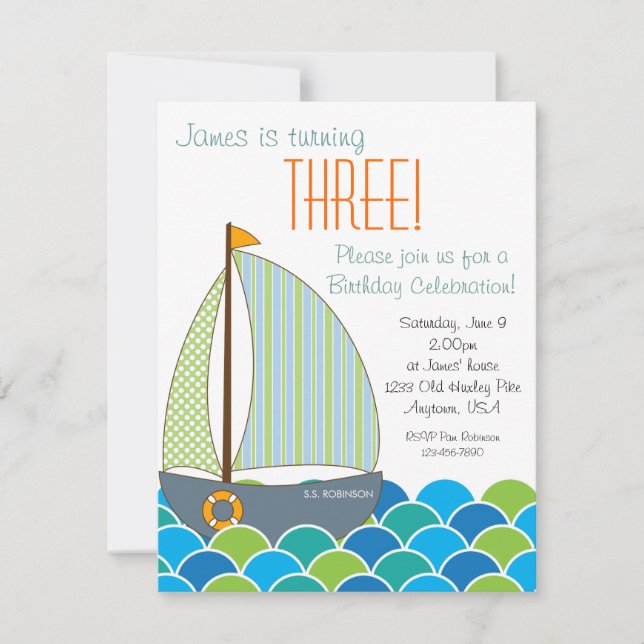 Niedlich Segelboot - Einladung zum Geburtstag - Ju (Vorderseite)