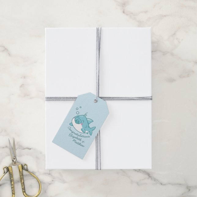 Niedlich Shark Baby Shower Kawaii Blue Boy Geschenkanhänger (Mit Garn)