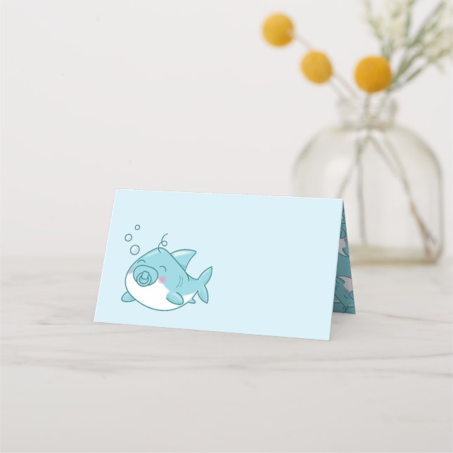 Niedlich Shark Baby Shower Kawaii Blue Boy Platzkarte (Vorderseite)