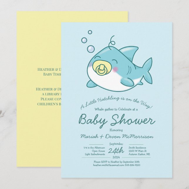 Niedlich Shark Baby Shower Kawaii Einladung (Vorne/Hinten)